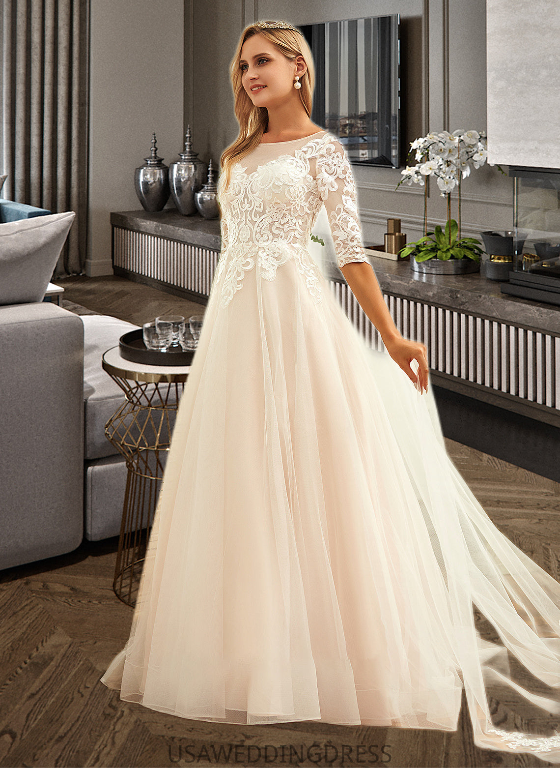 Rayne Ball-Gown/Princess Scoop Neck Sweep Train Tulle Lace Wedding Dress DSP0013760