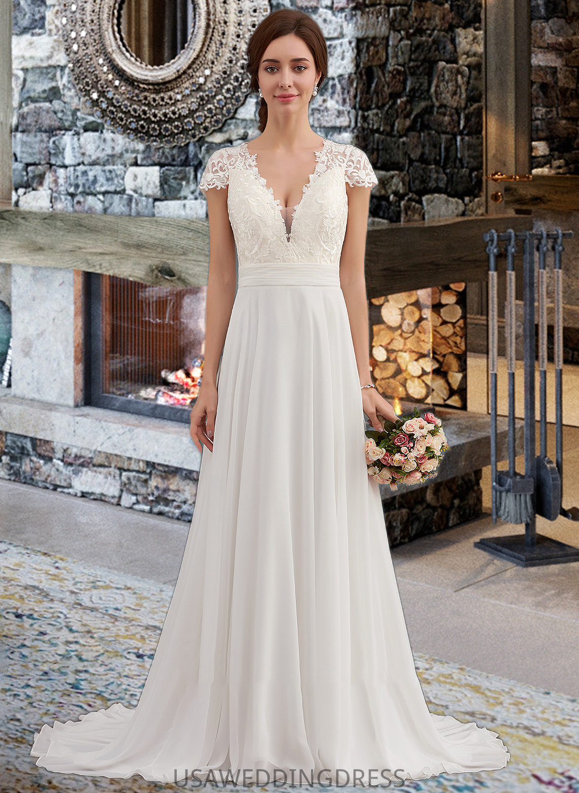 Madge A-Line V-neck Sweep Train Chiffon Wedding Dress With Ruffle DSP0013761