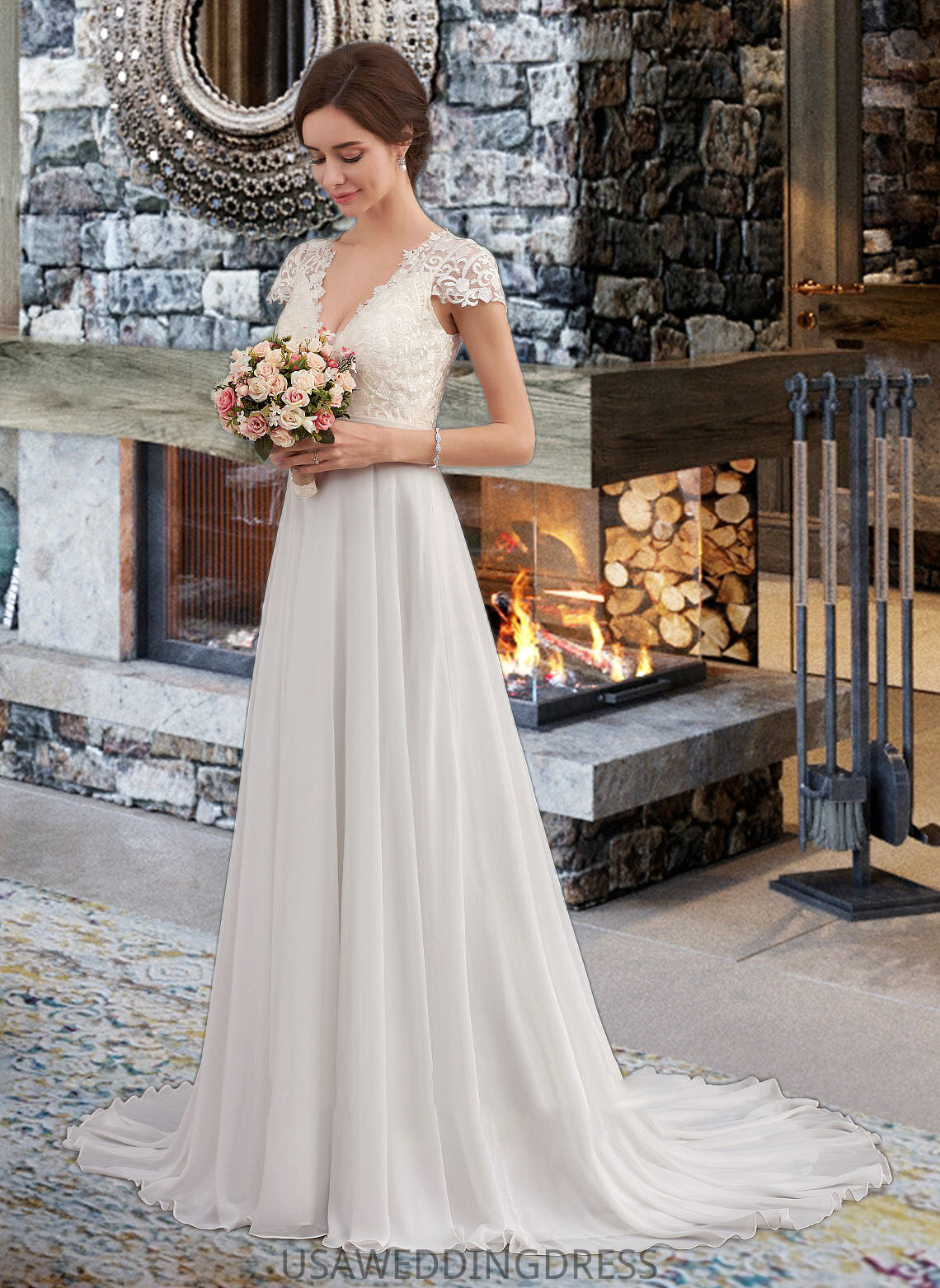 Madge A-Line V-neck Sweep Train Chiffon Wedding Dress With Ruffle DSP0013761