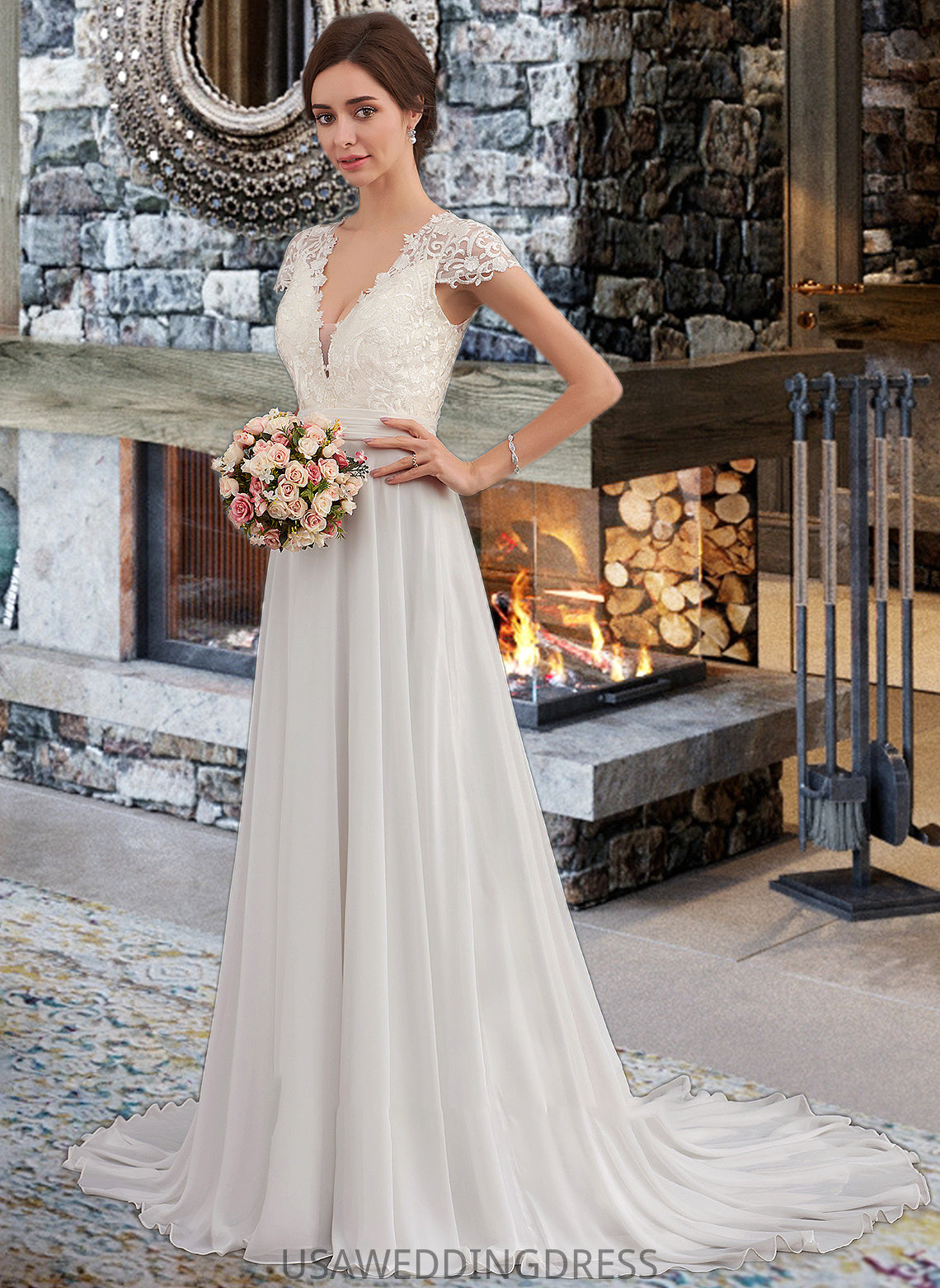 Madge A-Line V-neck Sweep Train Chiffon Wedding Dress With Ruffle DSP0013761