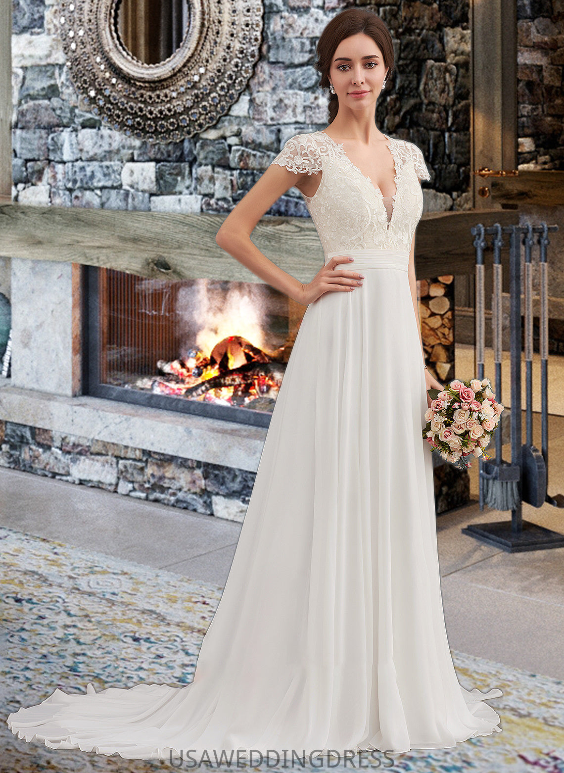 Madge A-Line V-neck Sweep Train Chiffon Wedding Dress With Ruffle DSP0013761