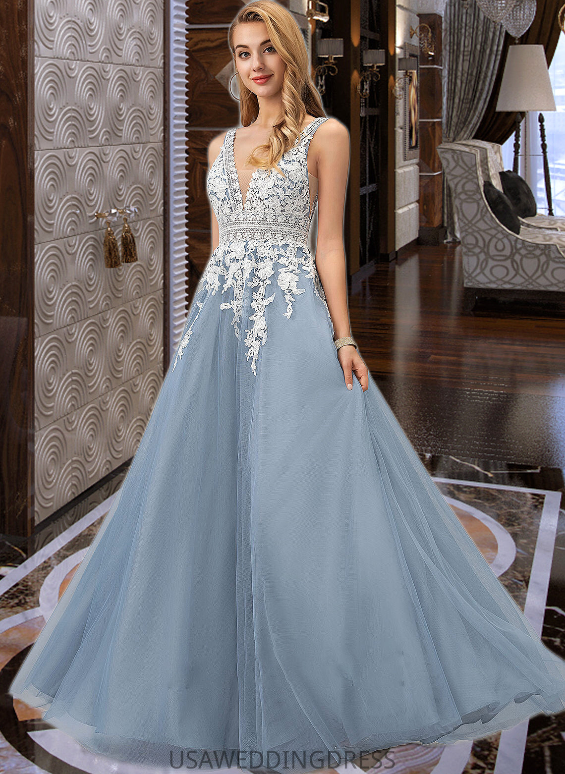 Ingrid Ball-Gown/Princess V-neck Floor-Length Tulle Wedding Dress With Lace DSP0013763