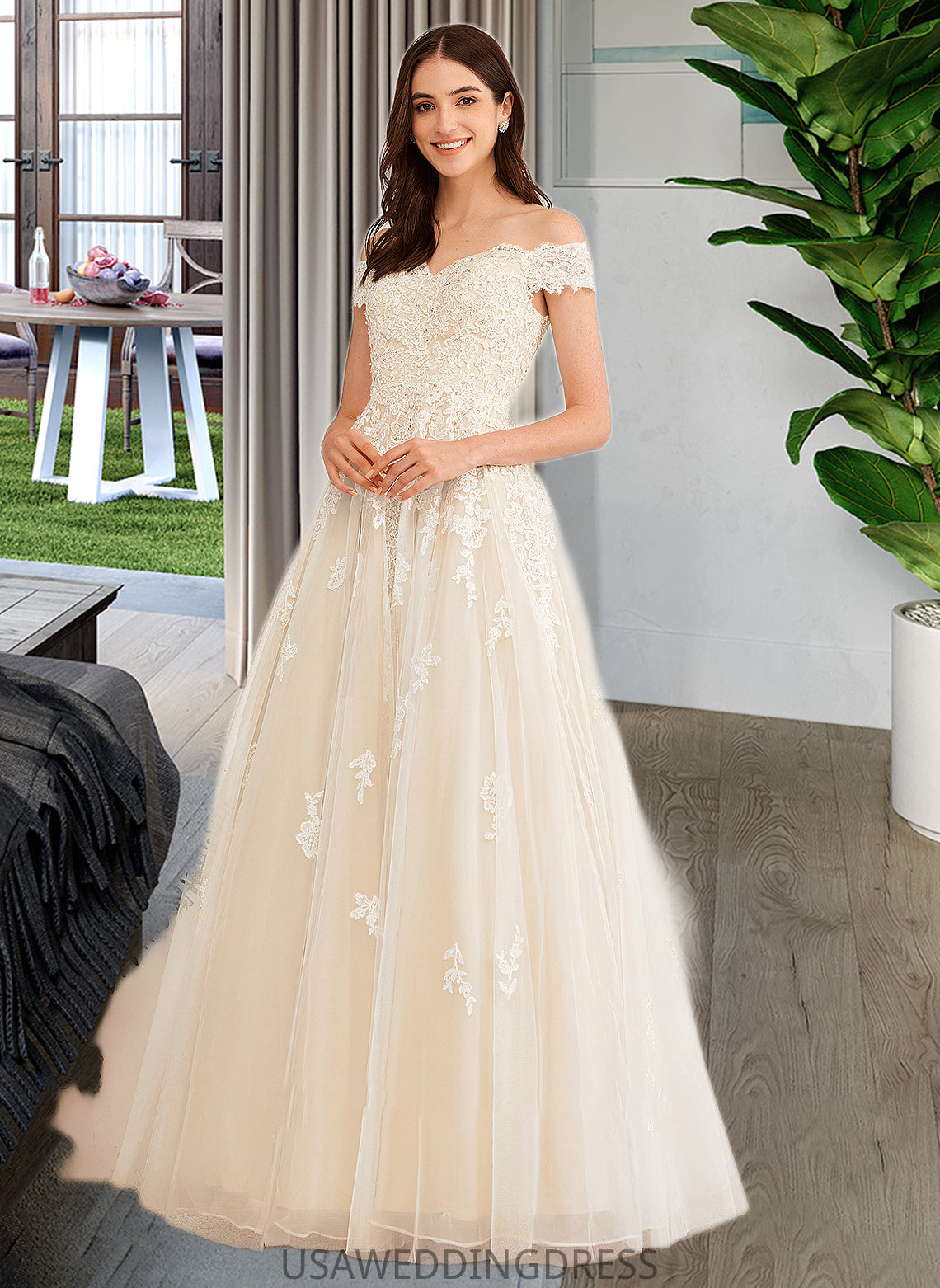 Brooke Ball-Gown/Princess Off-the-Shoulder Floor-Length Wedding Dress With Beading Sequins DSP0013765