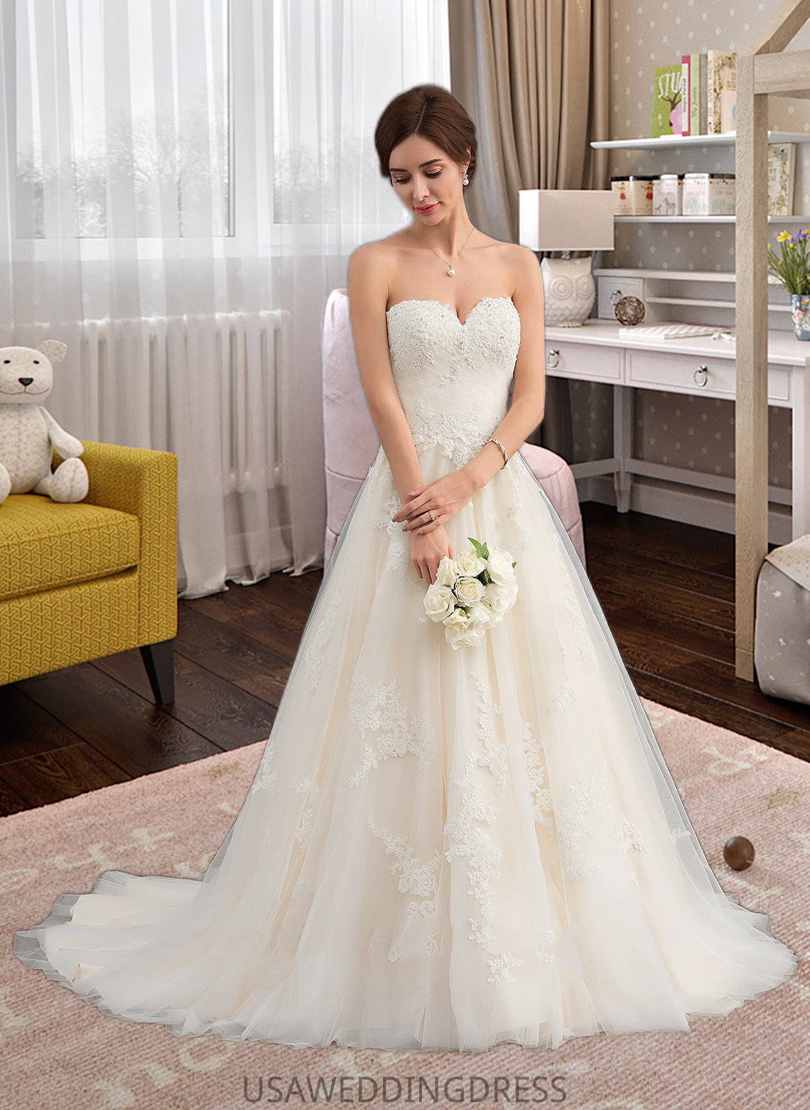 Kyleigh Ball-Gown/Princess Sweetheart Court Train Tulle Wedding Dress With Ruffle Beading DSP0013766