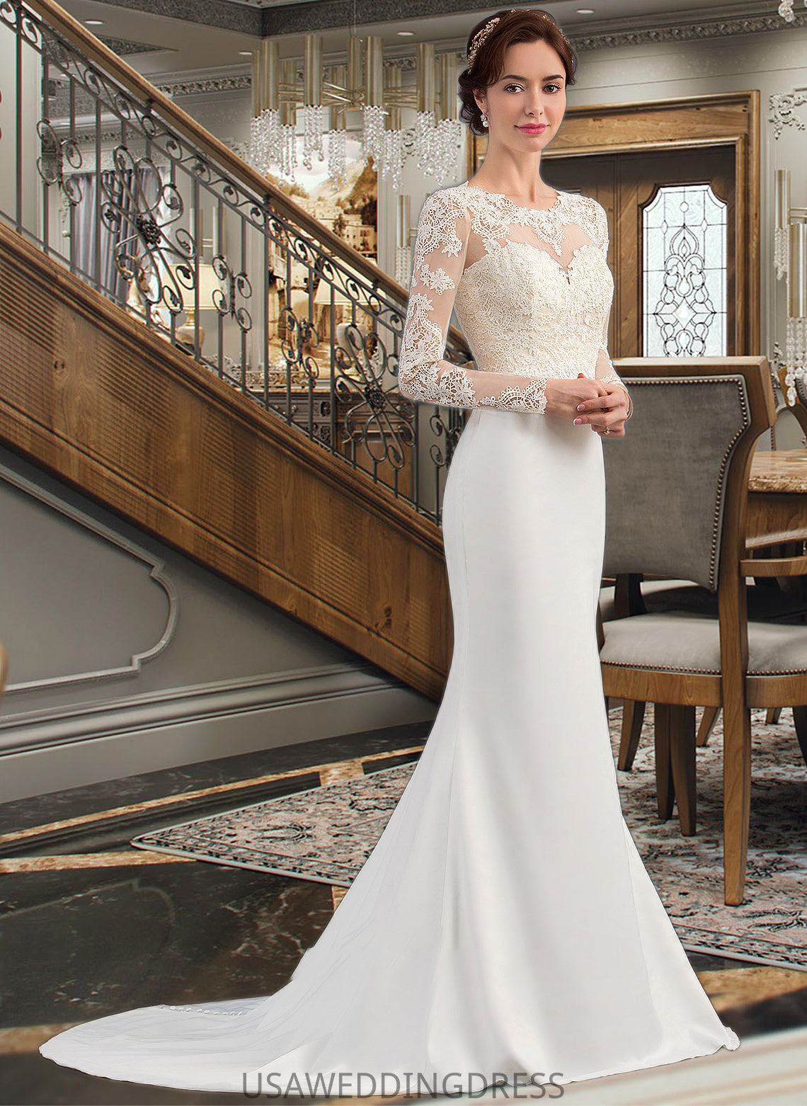 Michelle Trumpet/Mermaid Illusion Sweep Train Stretch Crepe Wedding Dress DSP0013767