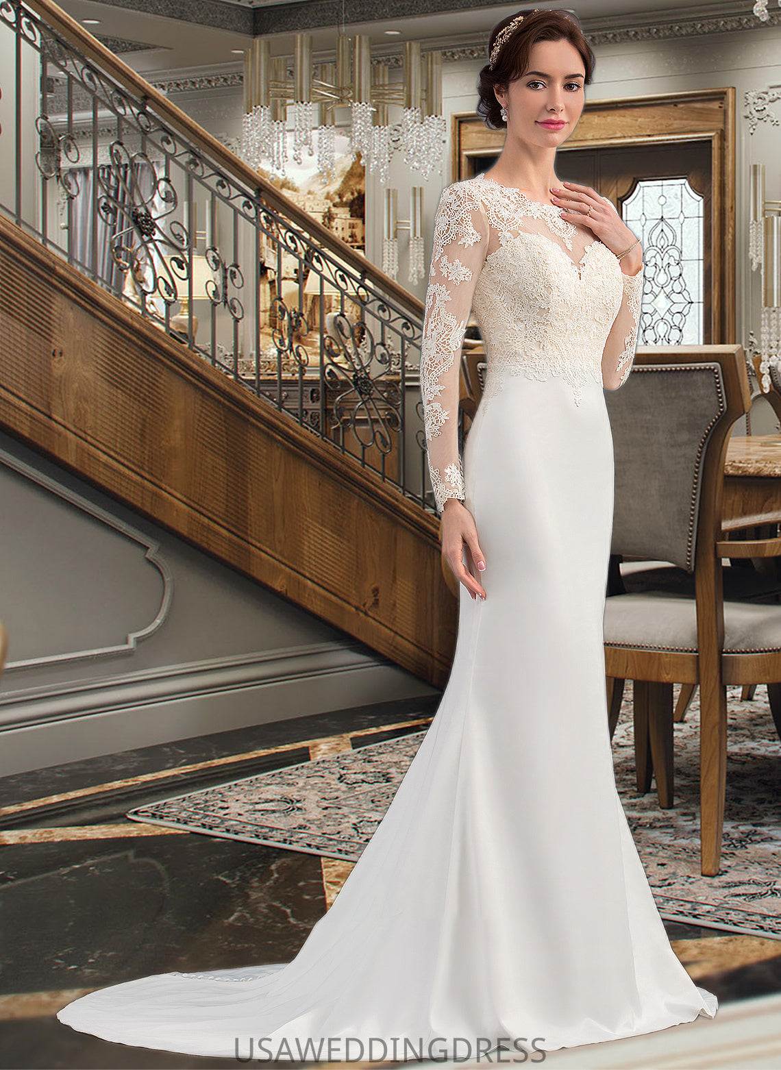 Michelle Trumpet/Mermaid Illusion Sweep Train Stretch Crepe Wedding Dress DSP0013767