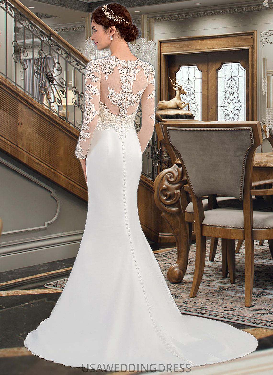 Michelle Trumpet/Mermaid Illusion Sweep Train Stretch Crepe Wedding Dress DSP0013767