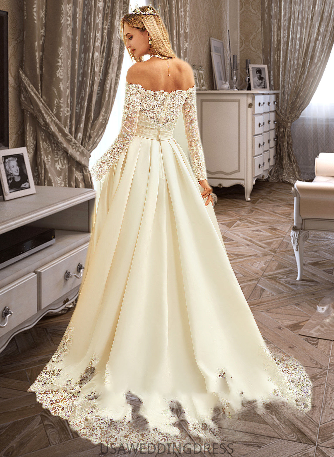 Lindsay Ball-Gown/Princess Sweep Train Satin Wedding Dress With Beading Sequins DSP0013768