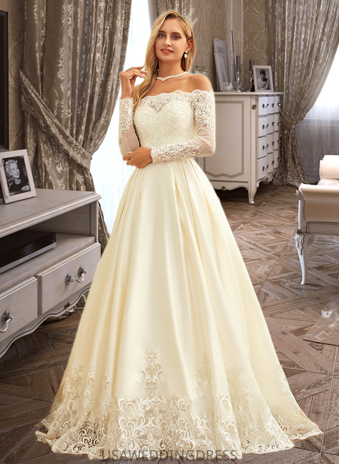 Lindsay Ball-Gown/Princess Sweep Train Satin Wedding Dress With Beading Sequins DSP0013768