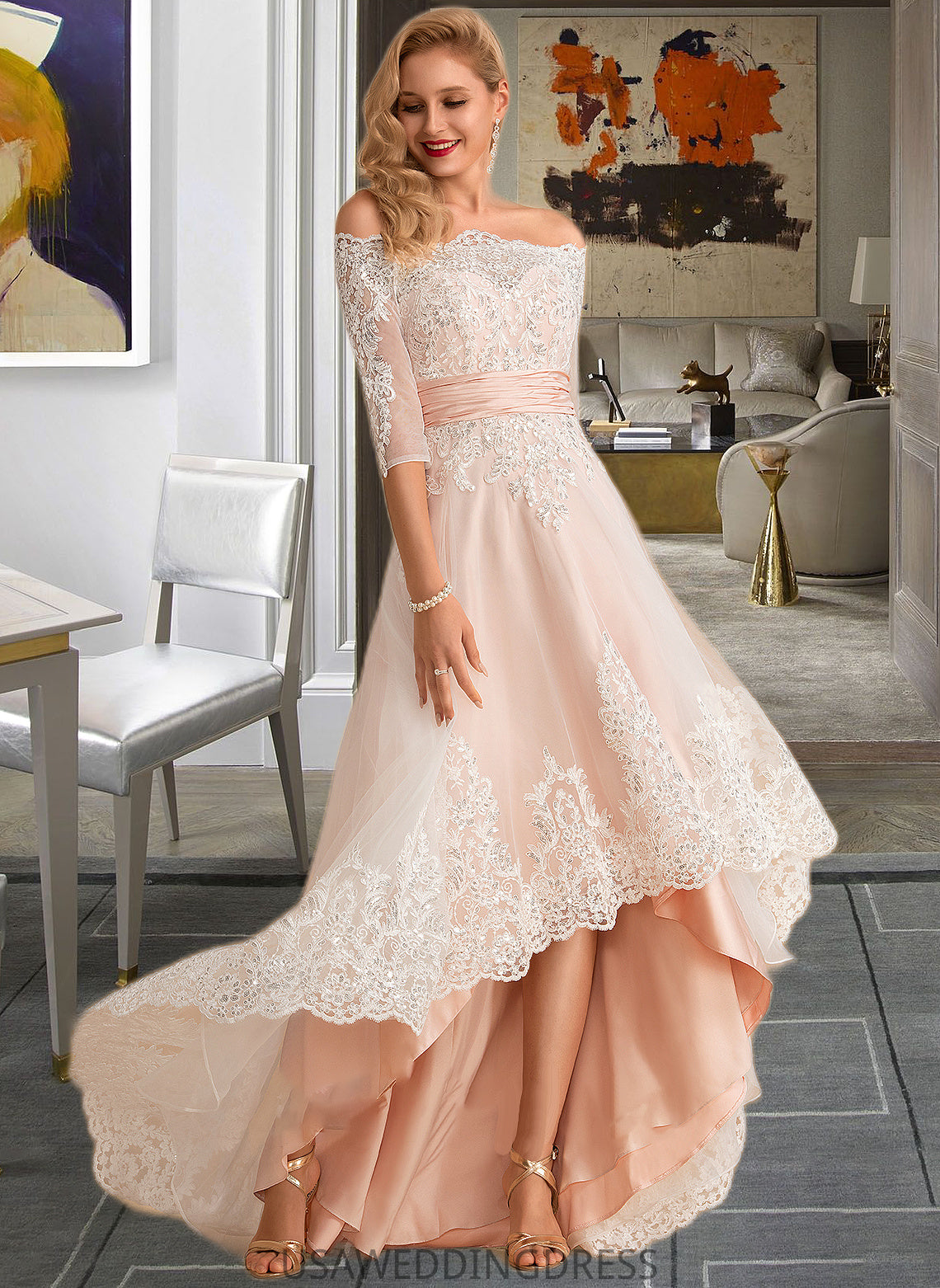 Avery A-Line Asymmetrical Satin Tulle Lace Wedding Dress With Sequins DSP0013769