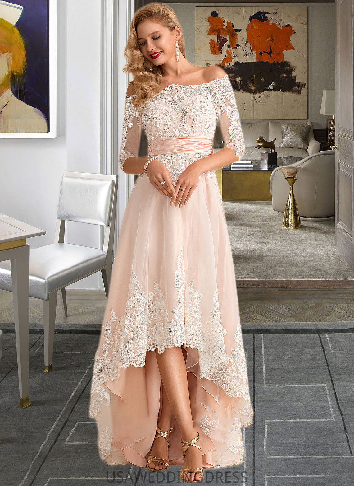 Avery A-Line Asymmetrical Satin Tulle Lace Wedding Dress With Sequins DSP0013769