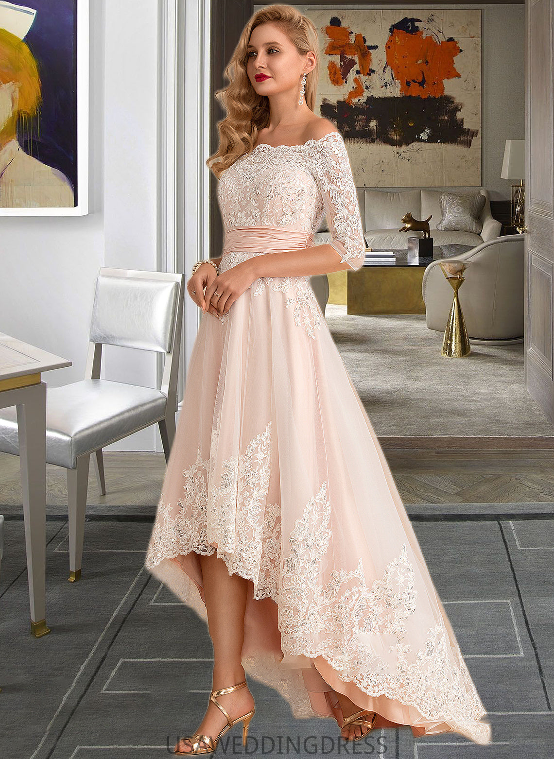 Avery A-Line Asymmetrical Satin Tulle Lace Wedding Dress With Sequins DSP0013769