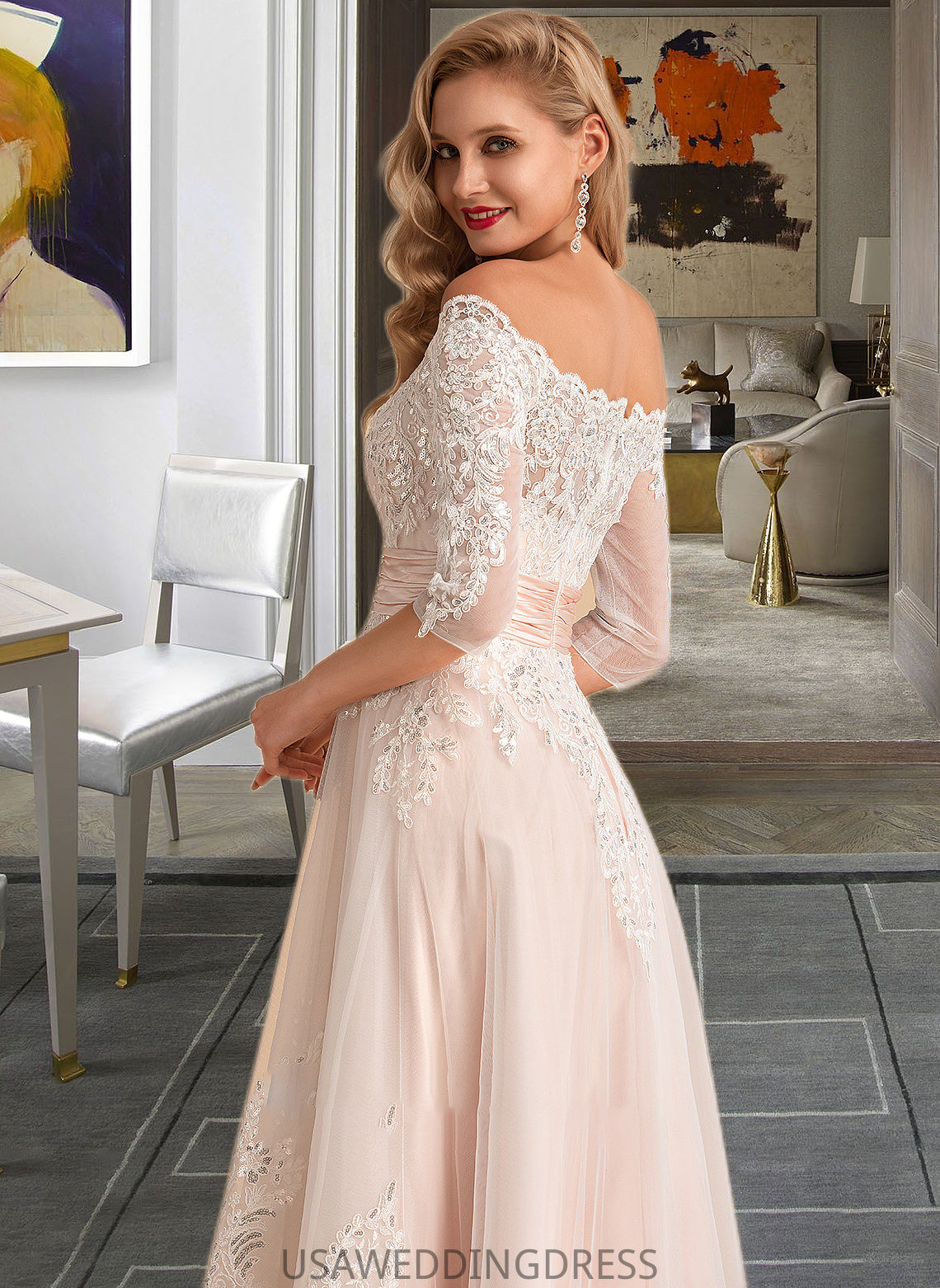 Avery A-Line Asymmetrical Satin Tulle Lace Wedding Dress With Sequins DSP0013769