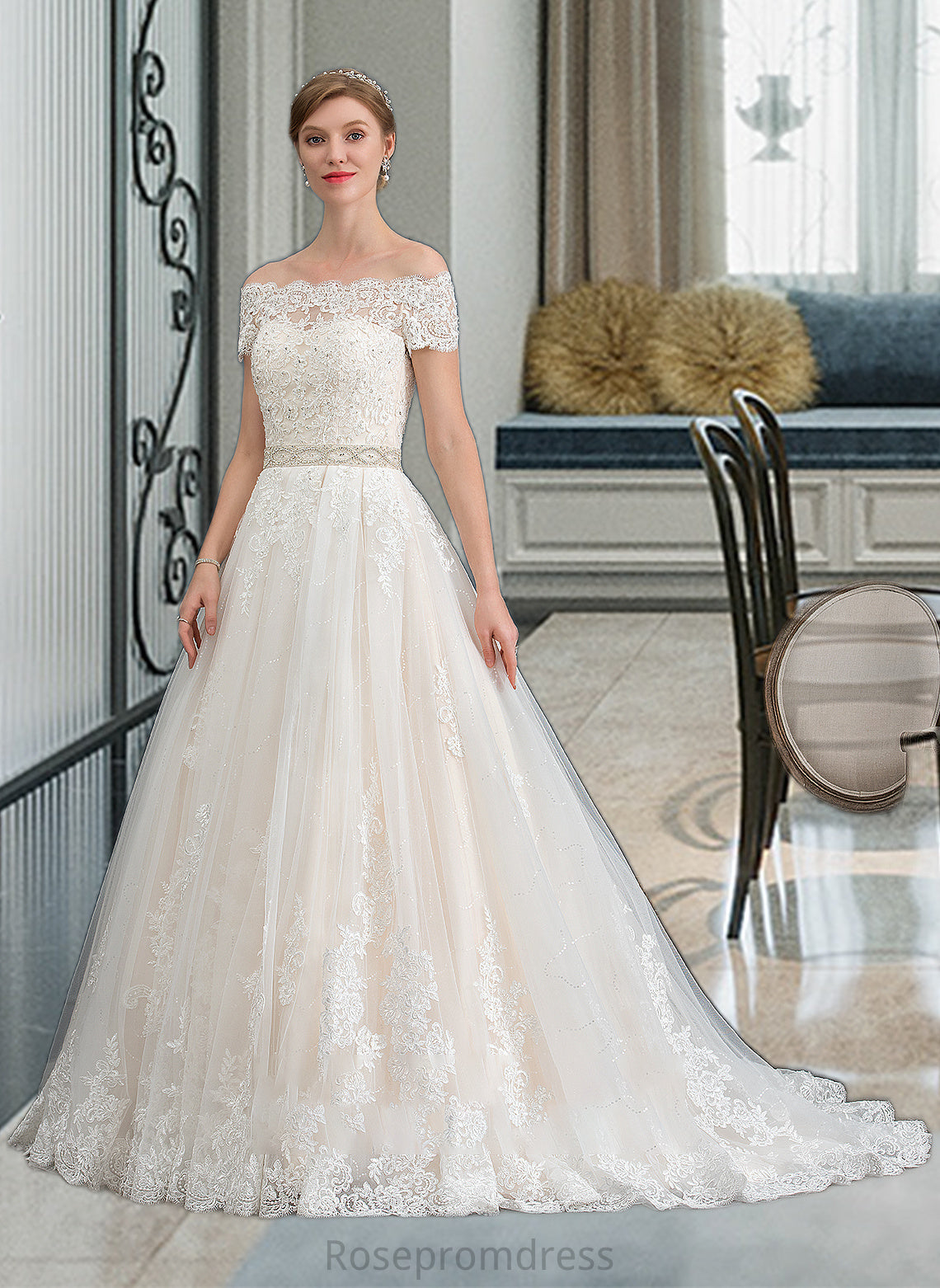 Azaria Ball-Gown/Princess Court Train Tulle Wedding Dress With Beading Sequins SRSP0013770