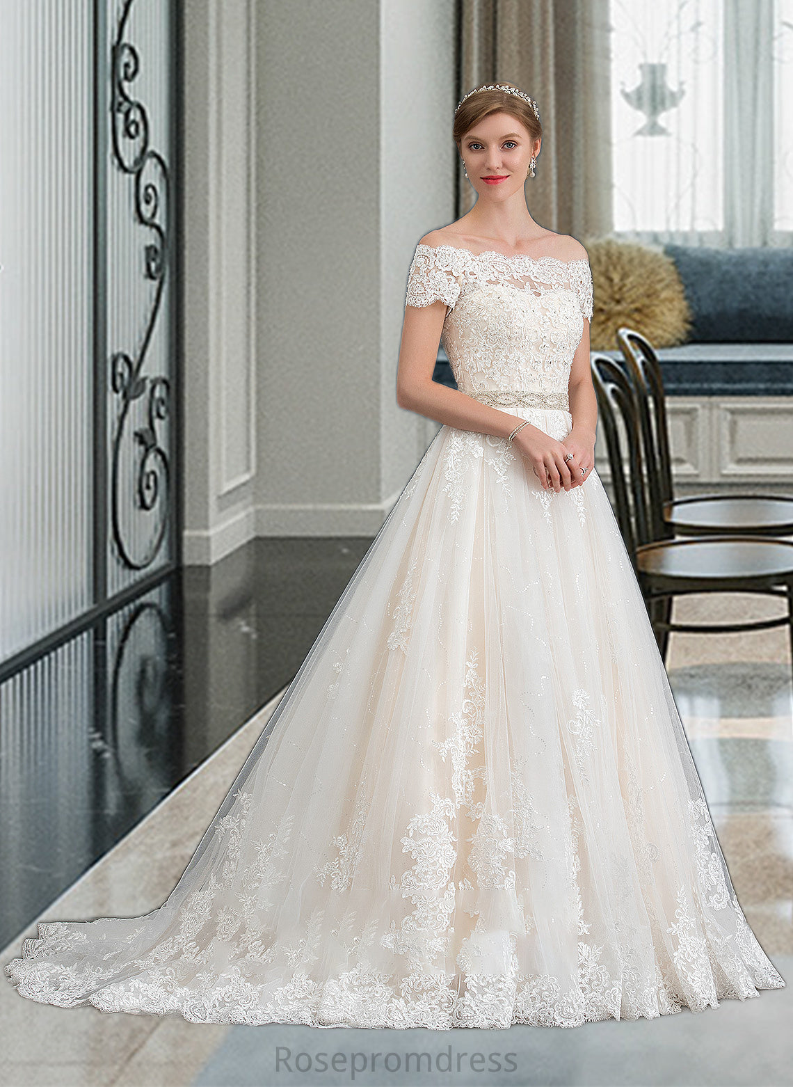 Azaria Ball-Gown/Princess Court Train Tulle Wedding Dress With Beading Sequins SRSP0013770