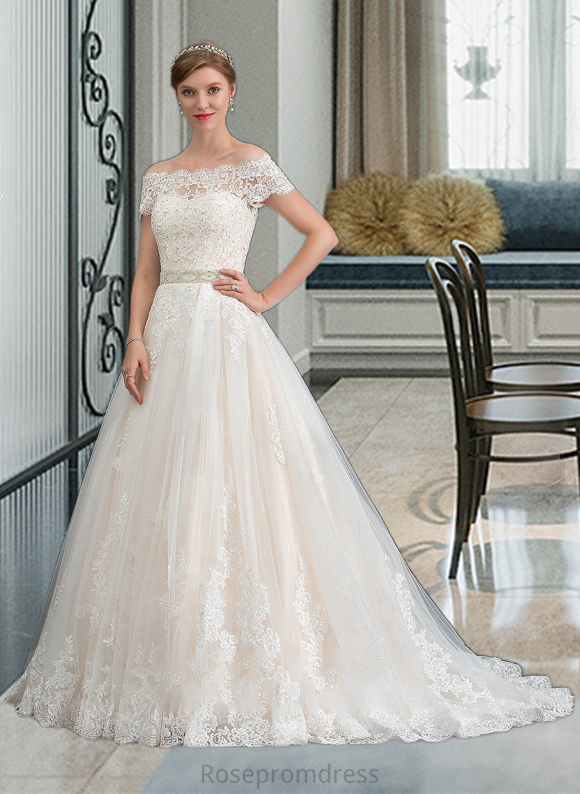 Azaria Ball-Gown/Princess Court Train Tulle Wedding Dress With Beading Sequins SRSP0013770