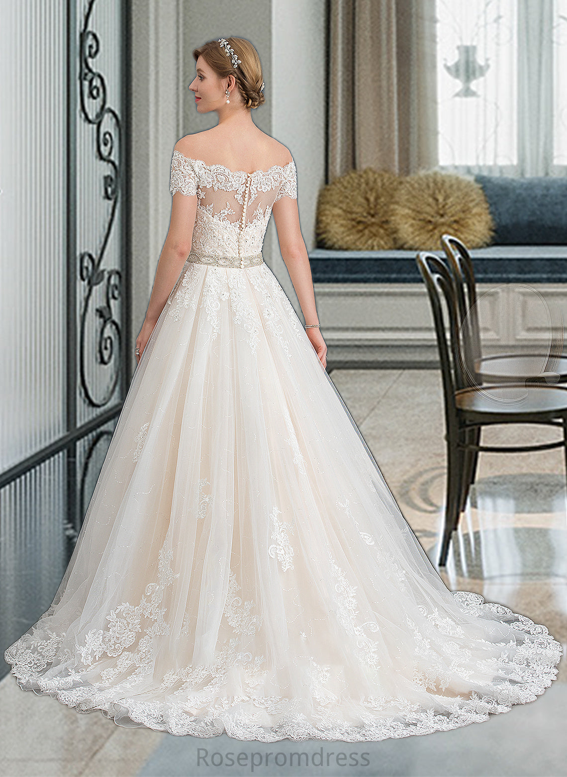 Azaria Ball-Gown/Princess Court Train Tulle Wedding Dress With Beading Sequins SRSP0013770