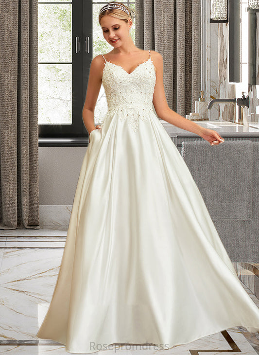 Valery Ball-Gown/Princess V-neck Sweep Train Satin Lace Wedding Dress With Lace Beading Sequins Pockets SRSP0013771