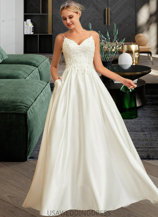 Alyson Ball-Gown/Princess V-neck Sweep Train Satin Lace Wedding Dress With Lace Beading Sequins Pockets DSP0013771