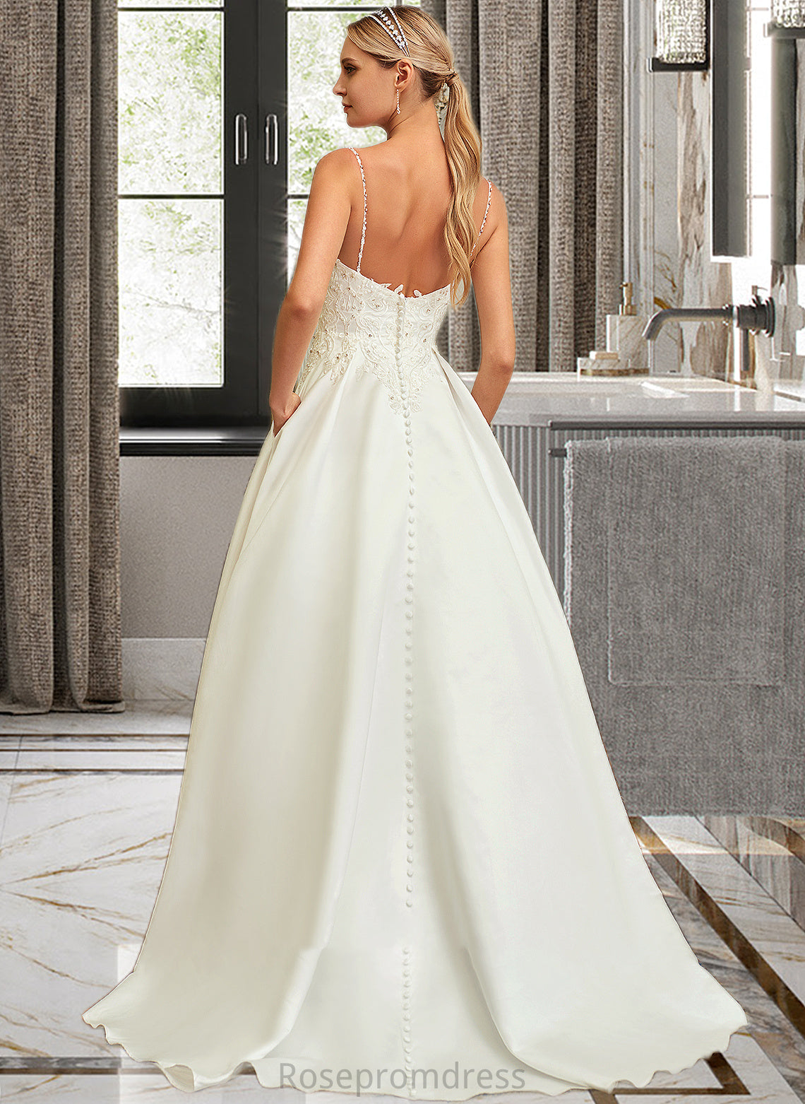 Valery Ball-Gown/Princess V-neck Sweep Train Satin Lace Wedding Dress With Lace Beading Sequins Pockets SRSP0013771