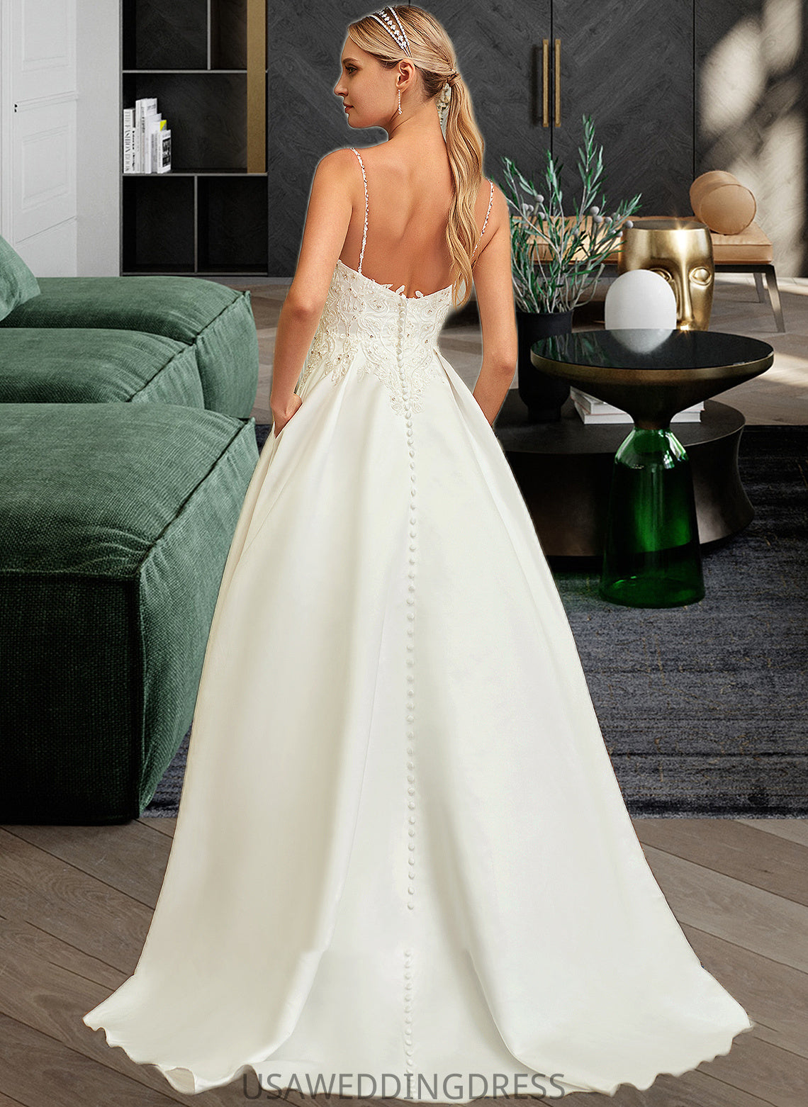 Alyson Ball-Gown/Princess V-neck Sweep Train Satin Lace Wedding Dress With Lace Beading Sequins Pockets DSP0013771