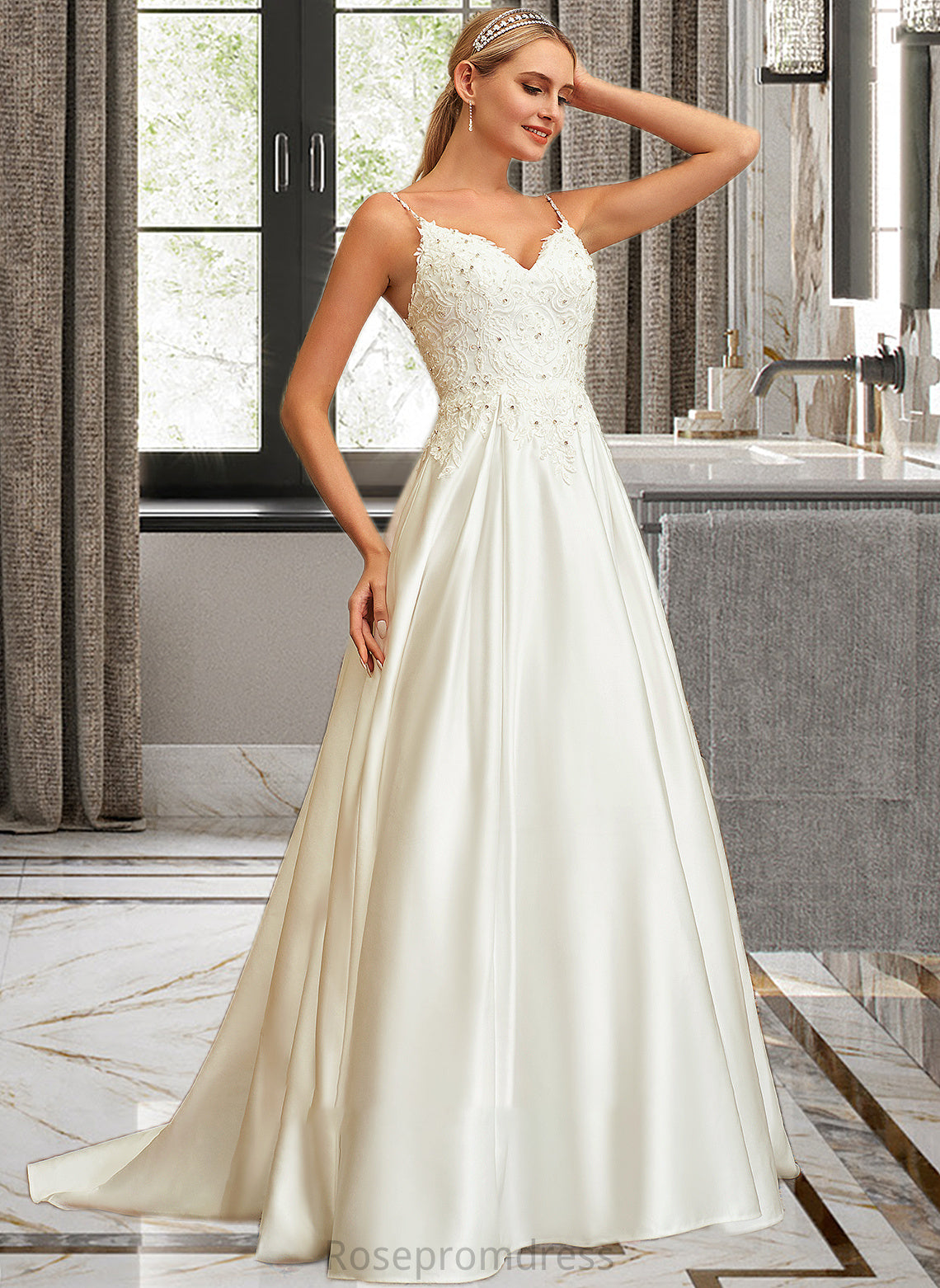 Valery Ball-Gown/Princess V-neck Sweep Train Satin Lace Wedding Dress With Lace Beading Sequins Pockets SRSP0013771