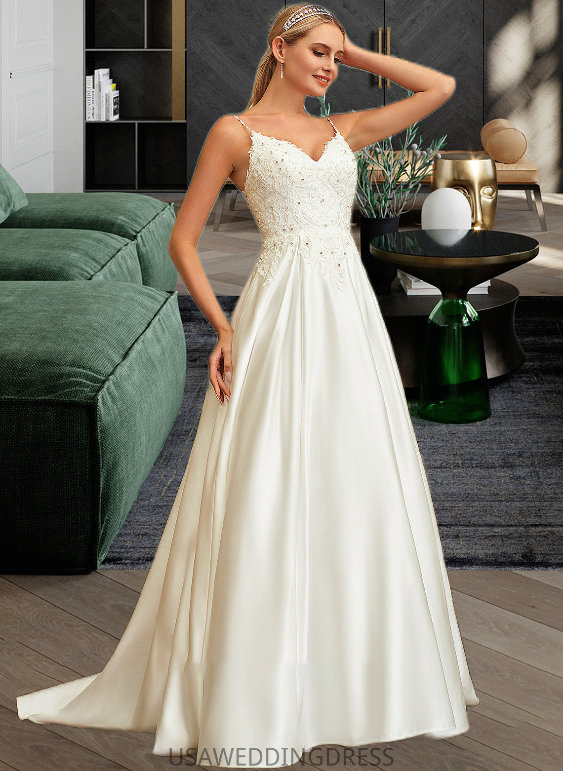 Alyson Ball-Gown/Princess V-neck Sweep Train Satin Lace Wedding Dress With Lace Beading Sequins Pockets DSP0013771