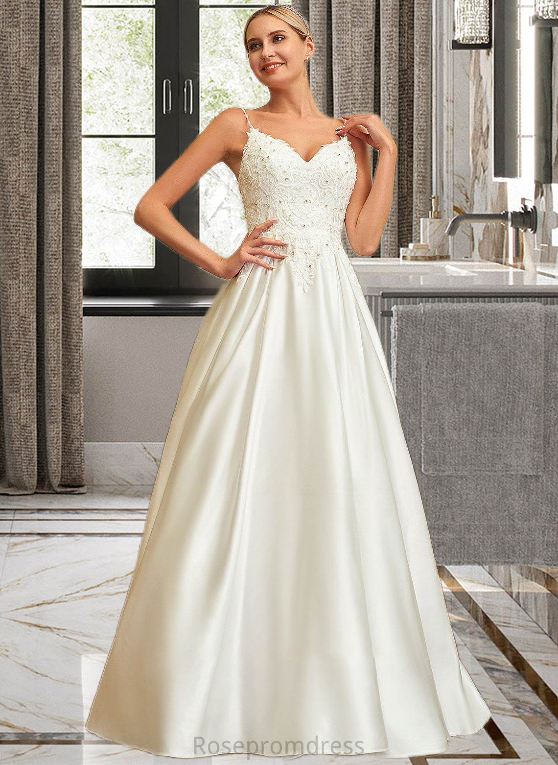 Valery Ball-Gown/Princess V-neck Sweep Train Satin Lace Wedding Dress With Lace Beading Sequins Pockets SRSP0013771