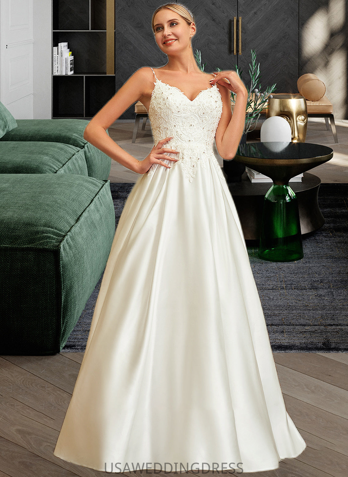 Alyson Ball-Gown/Princess V-neck Sweep Train Satin Lace Wedding Dress With Lace Beading Sequins Pockets DSP0013771