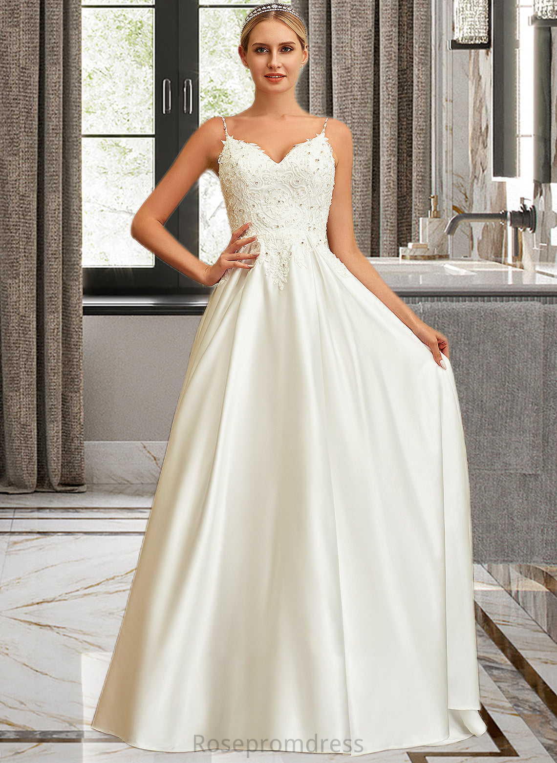 Valery Ball-Gown/Princess V-neck Sweep Train Satin Lace Wedding Dress With Lace Beading Sequins Pockets SRSP0013771