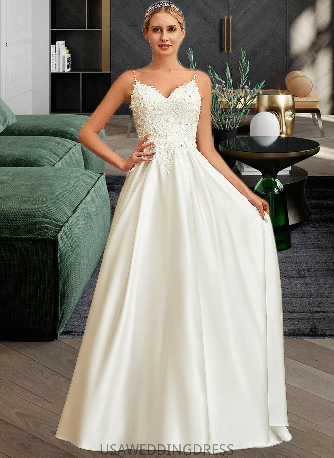 Alyson Ball-Gown/Princess V-neck Sweep Train Satin Lace Wedding Dress With Lace Beading Sequins Pockets DSP0013771