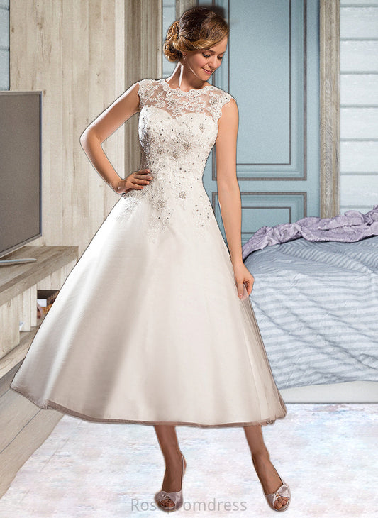 Maren Ball-Gown/Princess Scoop Neck Tea-Length Tulle Lace Wedding Dress With Beading Sequins SRSP0013773