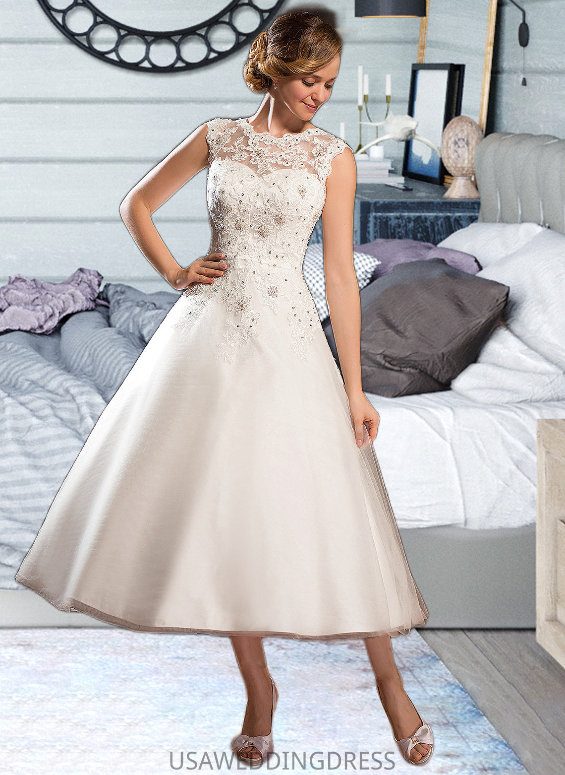 Zaniyah Ball-Gown/Princess Scoop Neck Tea-Length Tulle Lace Wedding Dress With Beading Sequins DSP0013773