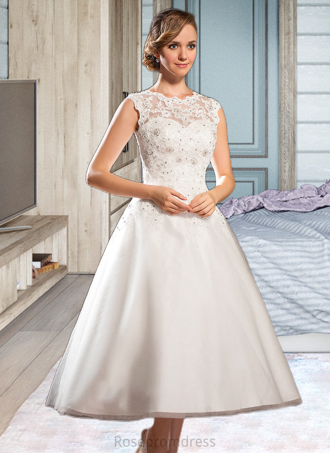 Maren Ball-Gown/Princess Scoop Neck Tea-Length Tulle Lace Wedding Dress With Beading Sequins SRSP0013773