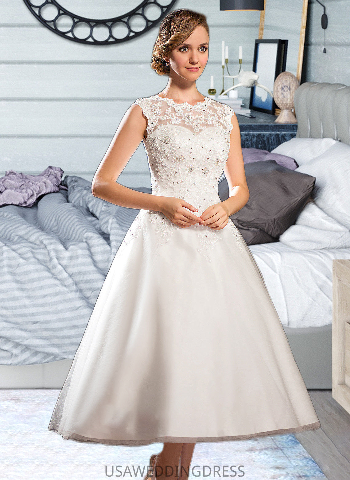 Zaniyah Ball-Gown/Princess Scoop Neck Tea-Length Tulle Lace Wedding Dress With Beading Sequins DSP0013773