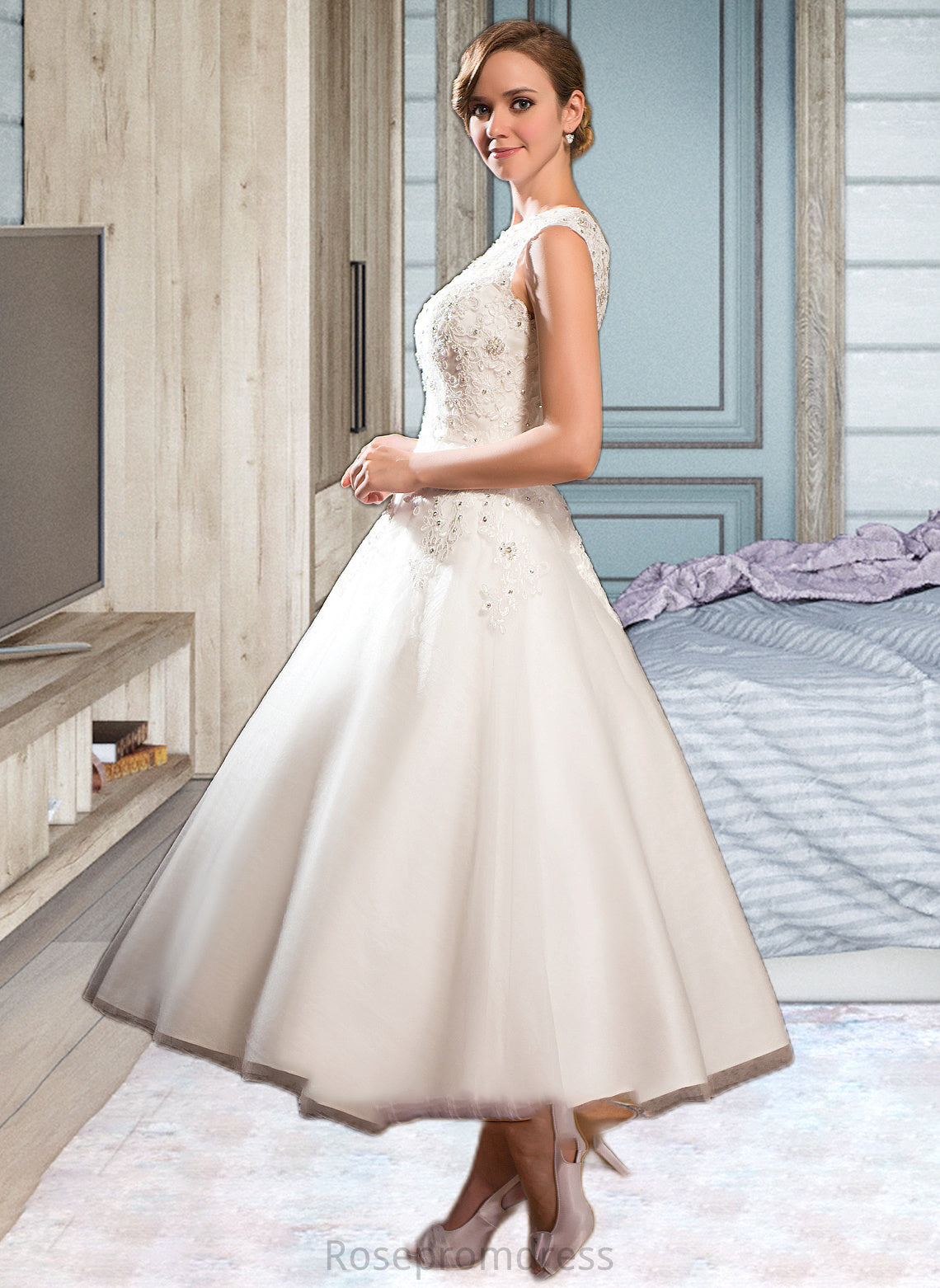 Maren Ball-Gown/Princess Scoop Neck Tea-Length Tulle Lace Wedding Dress With Beading Sequins SRSP0013773