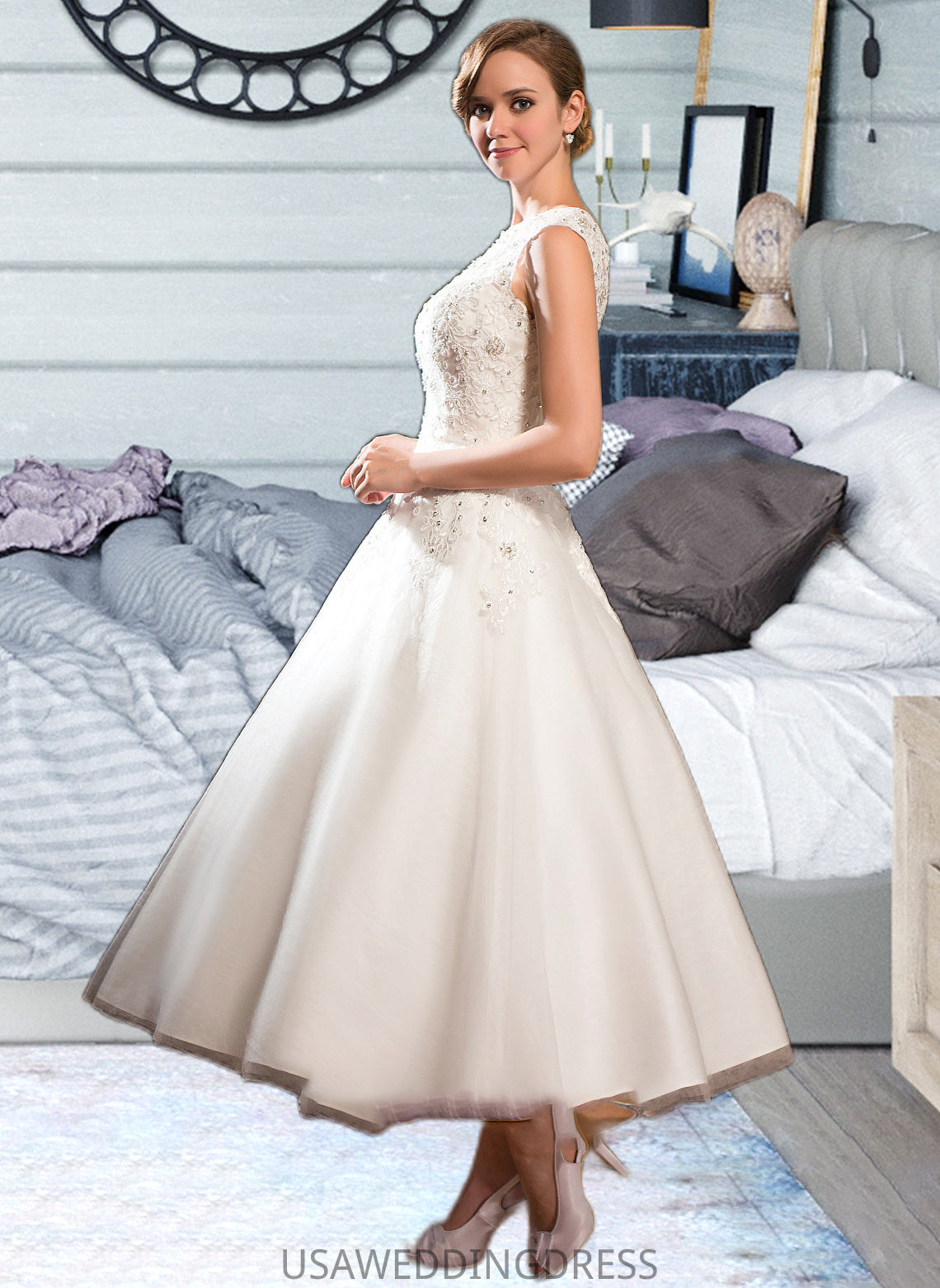 Zaniyah Ball-Gown/Princess Scoop Neck Tea-Length Tulle Lace Wedding Dress With Beading Sequins DSP0013773