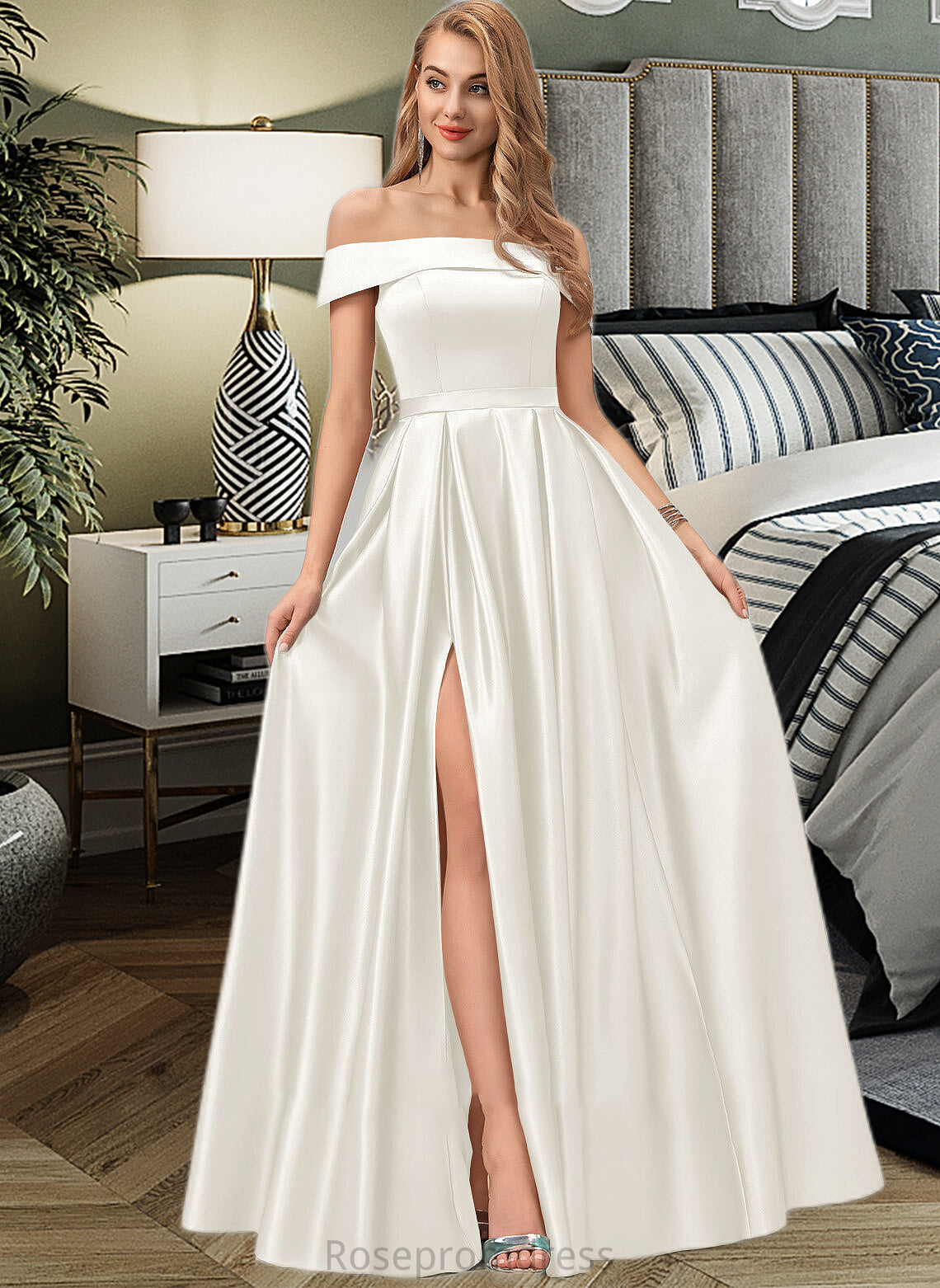 Alyssa Ball-Gown/Princess Off-the-Shoulder Floor-Length Satin Wedding Dress With Split Front Pockets SRSP0013774