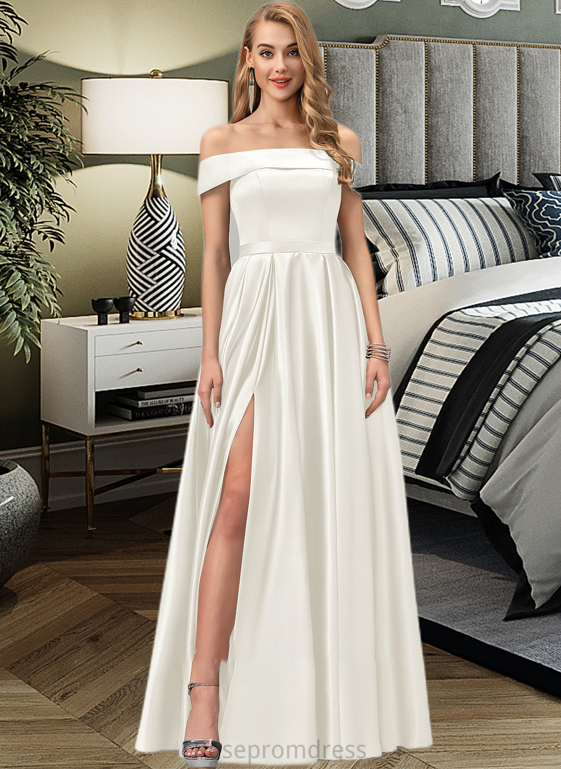 Alyssa Ball-Gown/Princess Off-the-Shoulder Floor-Length Satin Wedding Dress With Split Front Pockets SRSP0013774