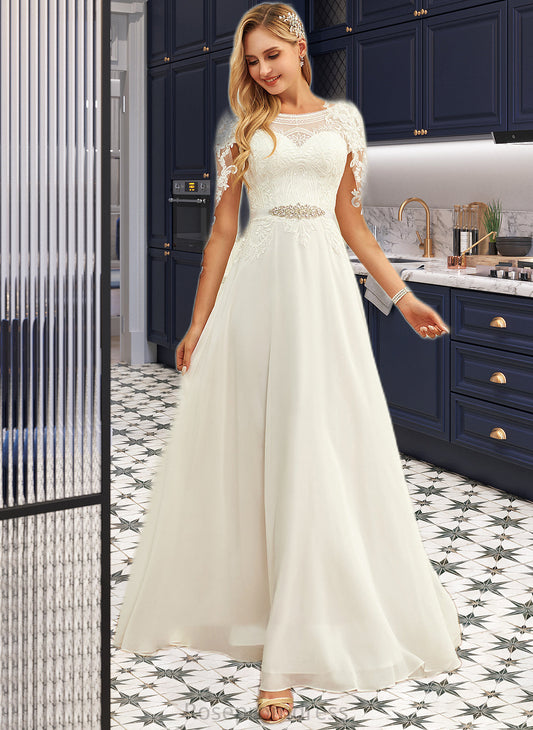 Leila A-Line Scoop Neck Floor-Length Chiffon Lace Wedding Dress With Sequins SRSP0013775