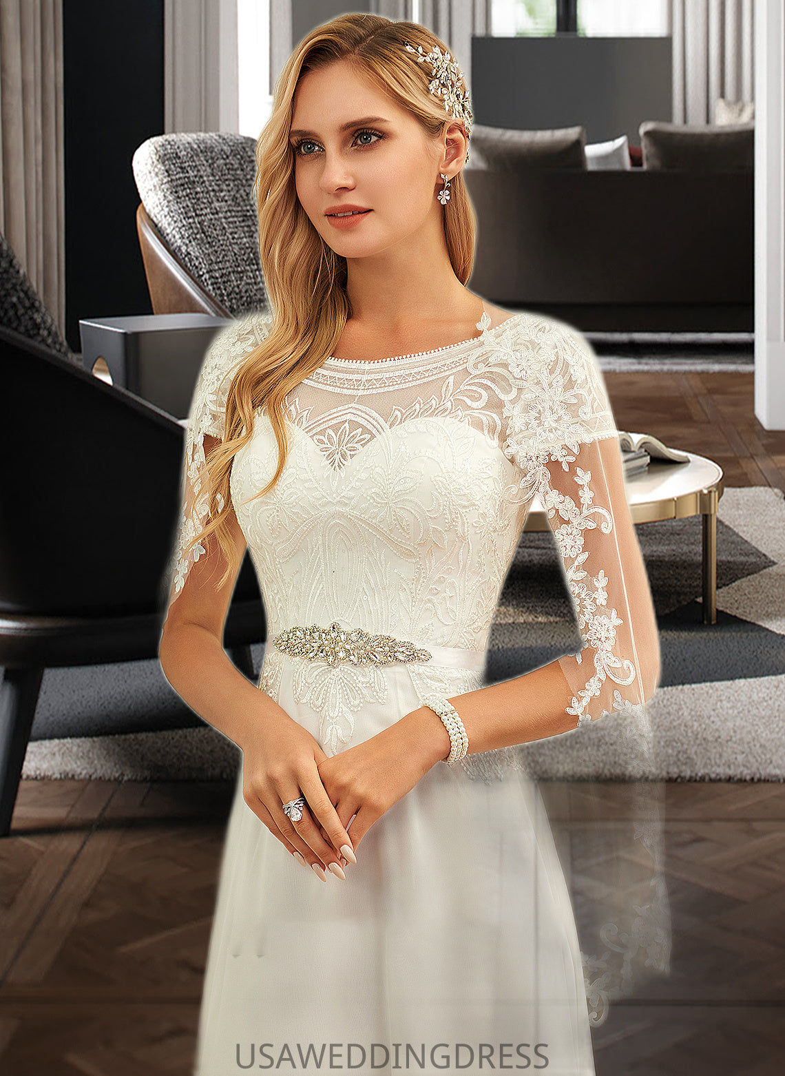 Tori A-Line Scoop Neck Floor-Length Chiffon Lace Wedding Dress With Sequins DSP0013775