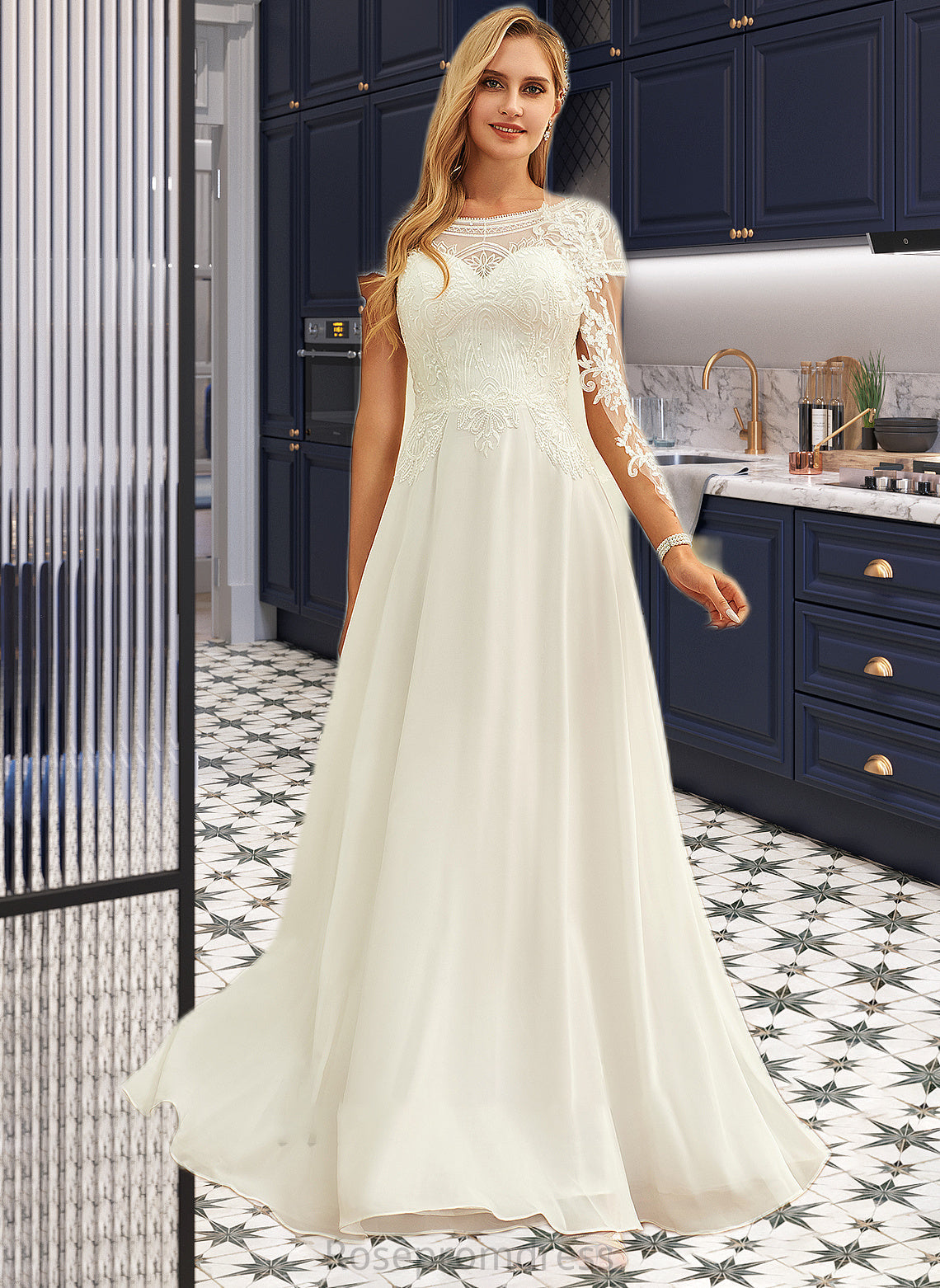 Leila A-Line Scoop Neck Floor-Length Chiffon Lace Wedding Dress With Sequins SRSP0013775