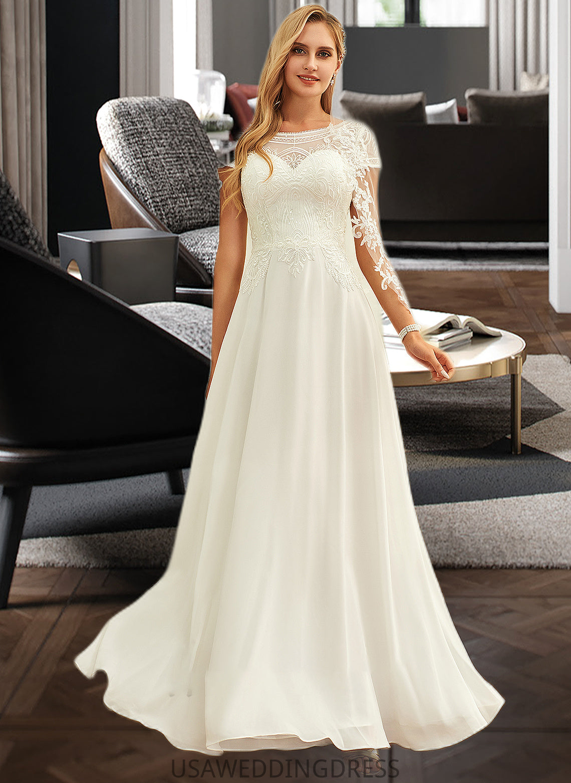 Tori A-Line Scoop Neck Floor-Length Chiffon Lace Wedding Dress With Sequins DSP0013775