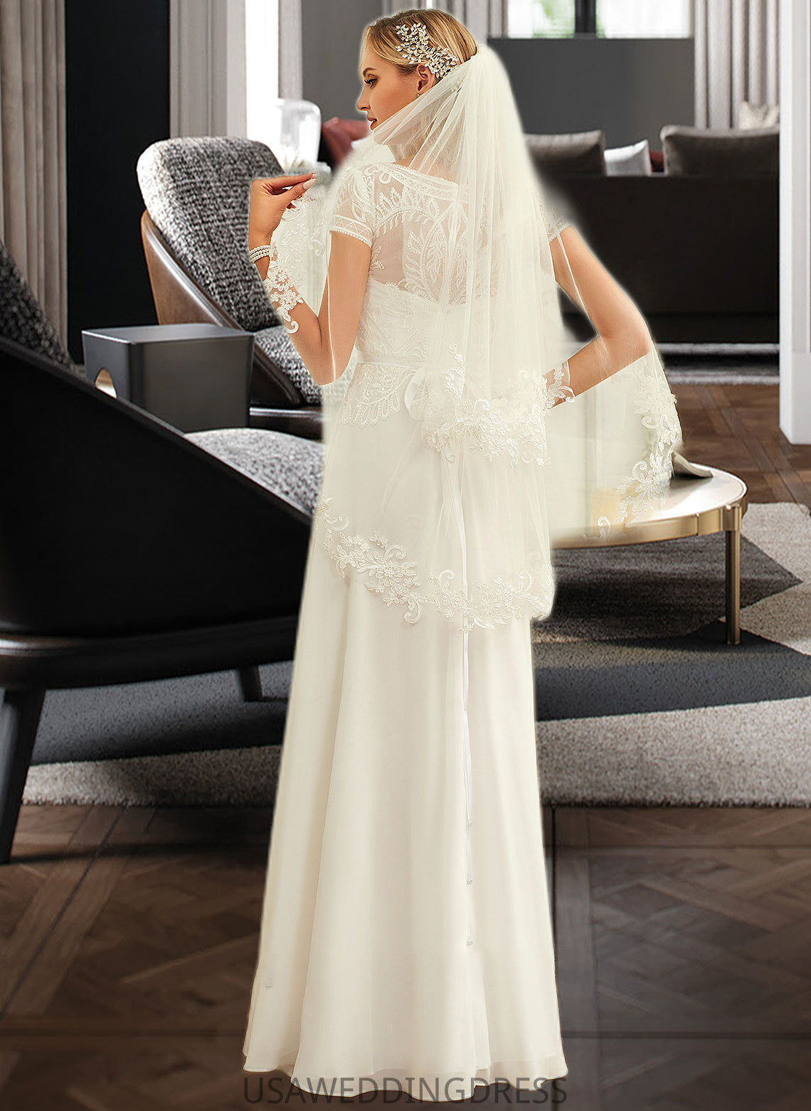 Tori A-Line Scoop Neck Floor-Length Chiffon Lace Wedding Dress With Sequins DSP0013775