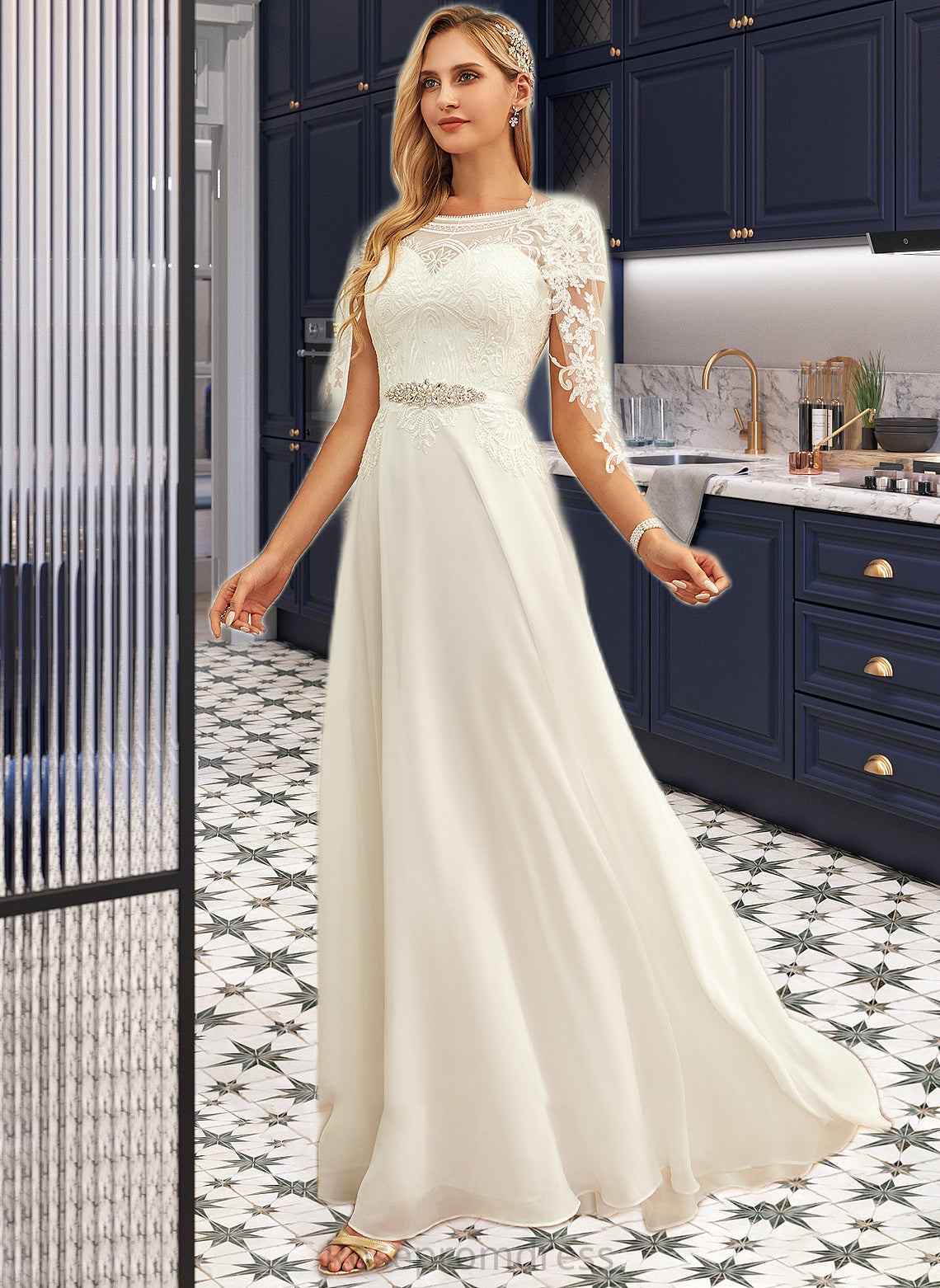 Leila A-Line Scoop Neck Floor-Length Chiffon Lace Wedding Dress With Sequins SRSP0013775