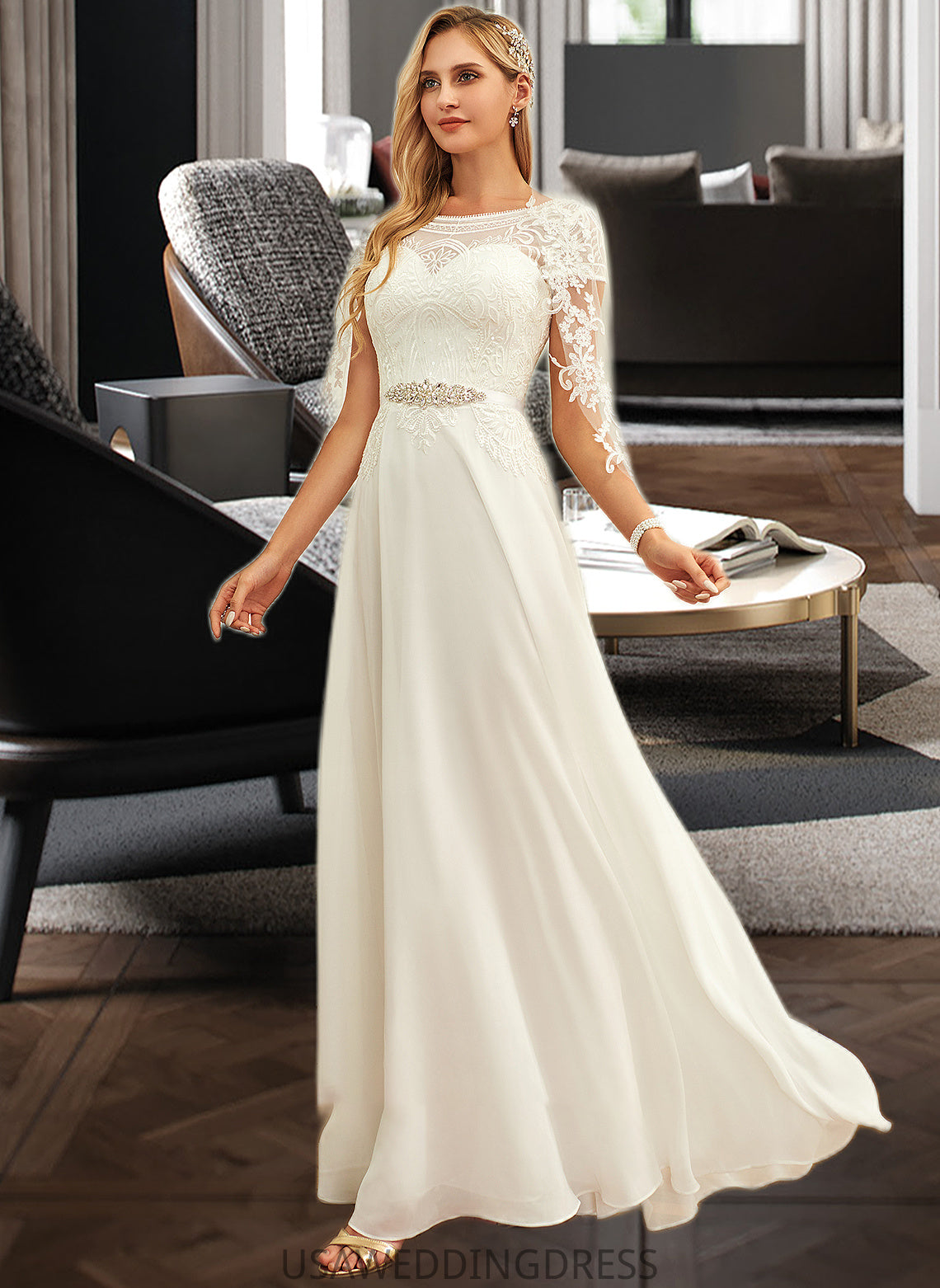 Tori A-Line Scoop Neck Floor-Length Chiffon Lace Wedding Dress With Sequins DSP0013775