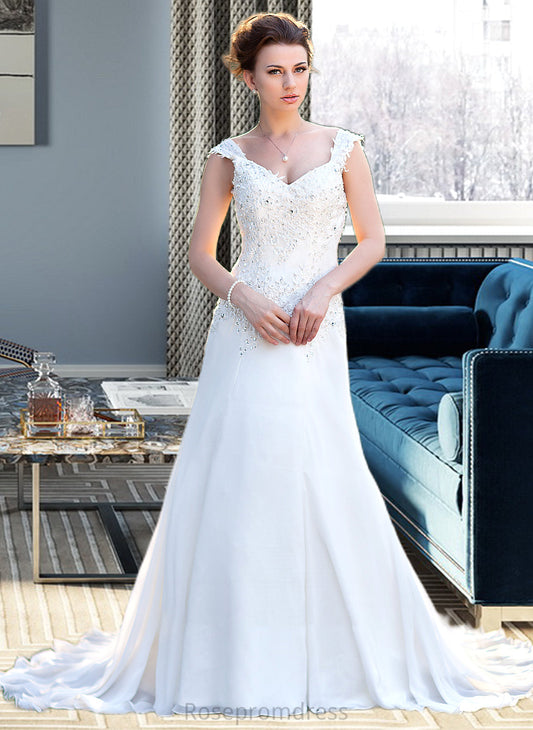 Caitlin A-Line V-neck Court Train Chiffon Wedding Dress With Lace Beading Sequins SRSP0013776