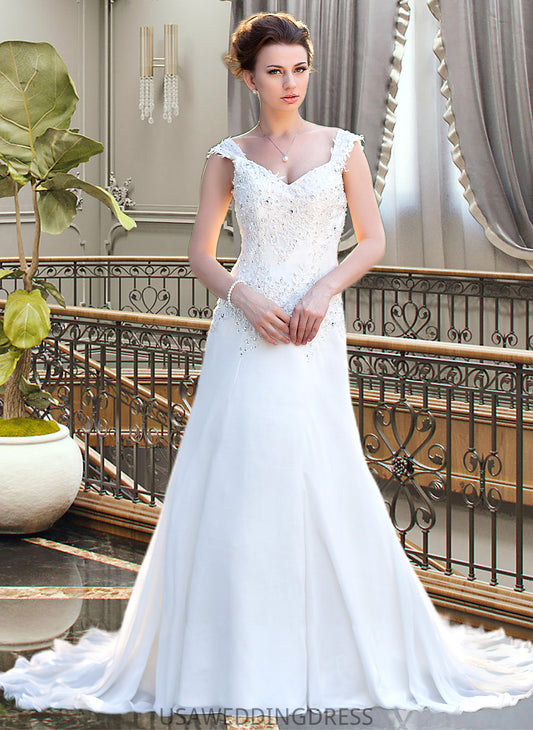 Rachel A-Line V-neck Court Train Chiffon Wedding Dress With Lace Beading Sequins DSP0013776