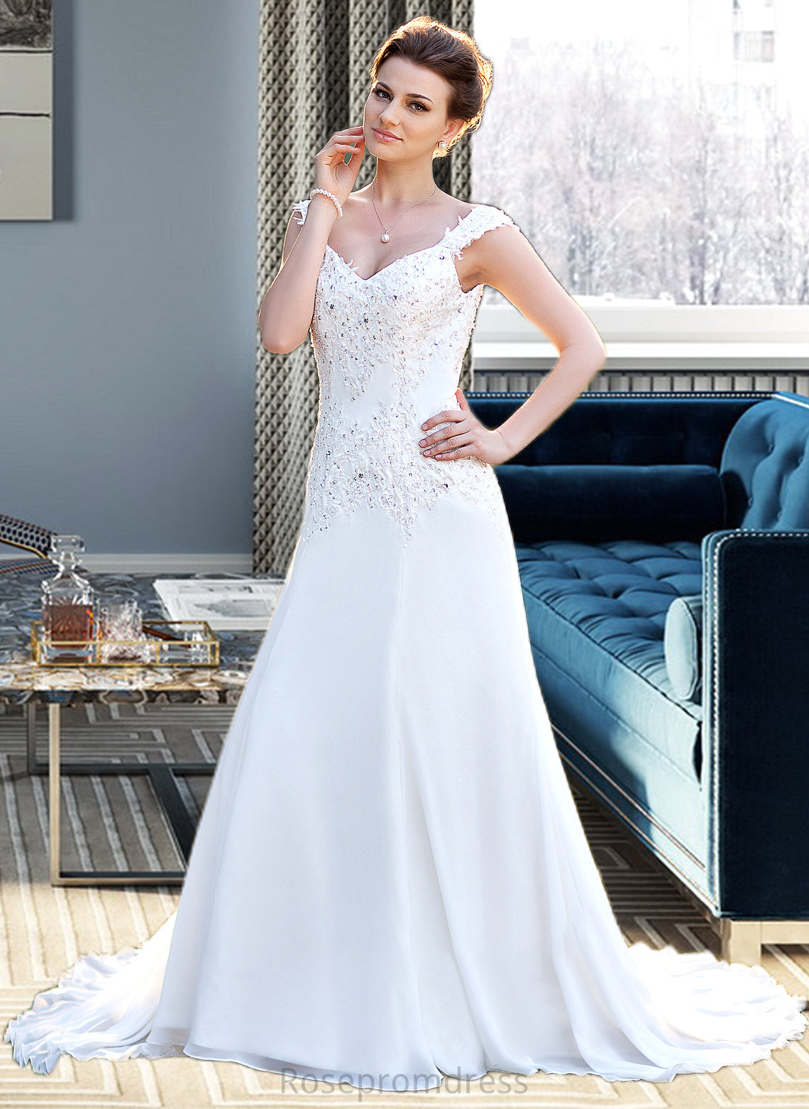 Caitlin A-Line V-neck Court Train Chiffon Wedding Dress With Lace Beading Sequins SRSP0013776