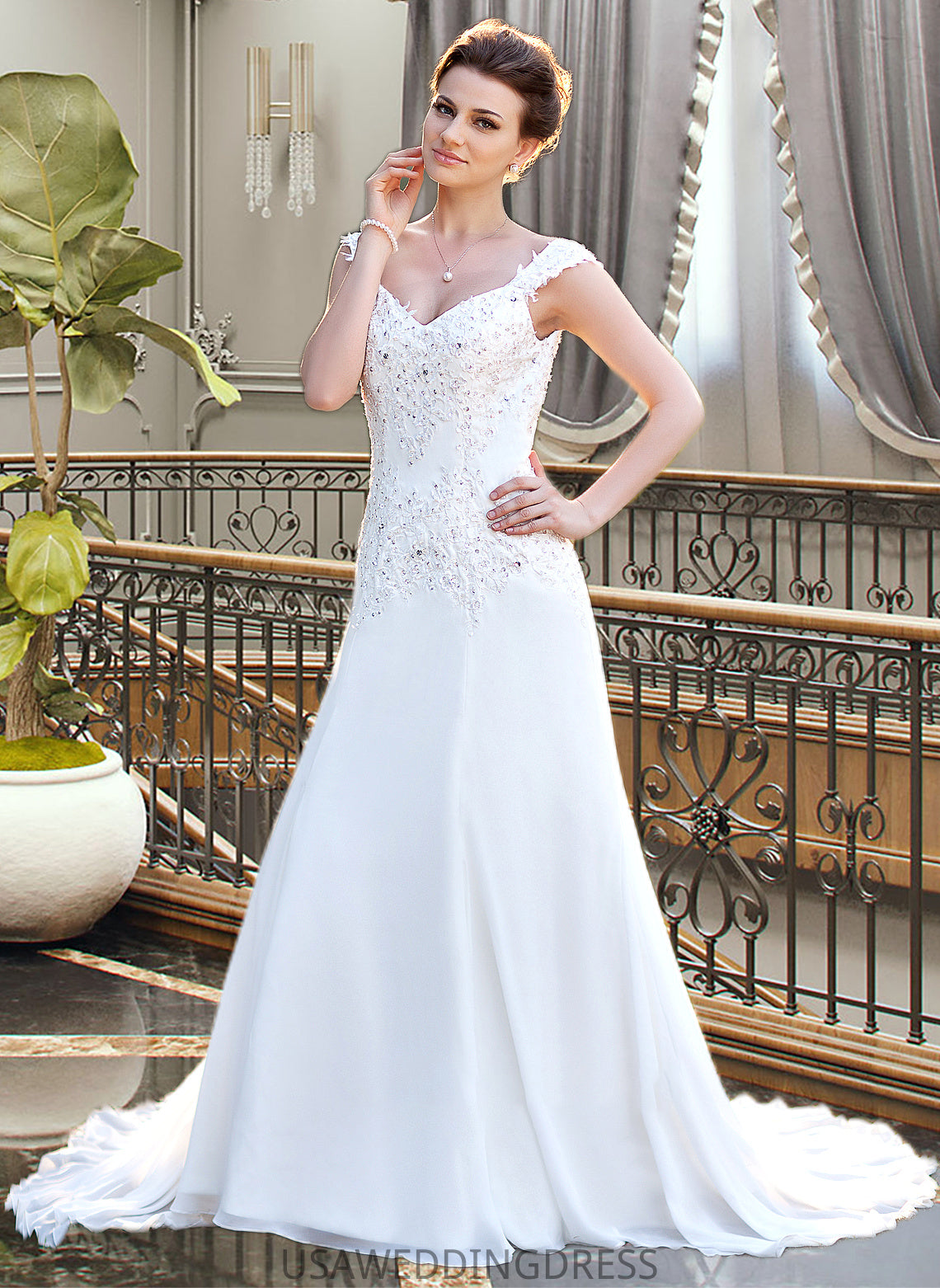 Rachel A-Line V-neck Court Train Chiffon Wedding Dress With Lace Beading Sequins DSP0013776